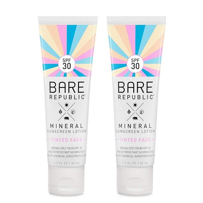 Bare Republic Tinted Mineral Sunscreen SPF 30 Sunblock Face Lotion, Sheer and Non-Greasy Finish, 1.7 Fl Oz, 2 Pack