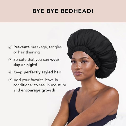Kitsch XL Satin Bonnet for Sleeping - Softer Than Silk Hair Bonnet for Women - Secure Fit, Adjustable Night Cap for Curly & Textured Hair - Prevents Breakage, Tangles & Thinning - Black