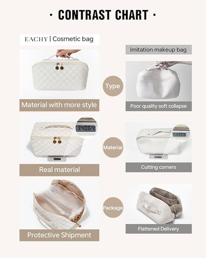 EACHY Travel Makeup Bag,Large Capacity Cosmetic Bags for Women,Waterproof Portable Pouch Open Flat Toiletry Bag Make up Organizer with Divider and Handle