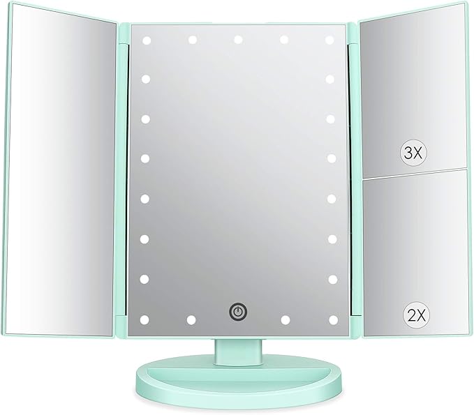deweisn Tri-Fold Lighted Vanity Mirror with 21 LED Lights, Touch Screen and 3X/2X/1X Magnification, Two Power Supply Mode Make up Mirror,Travel Mirror (Green)