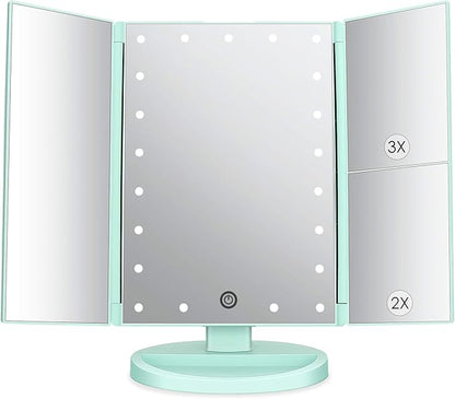 deweisn Tri-Fold Lighted Vanity Mirror with 21 LED Lights, Touch Screen and 3X/2X/1X Magnification, Two Power Supply Mode Make up Mirror,Travel Mirror (Green)