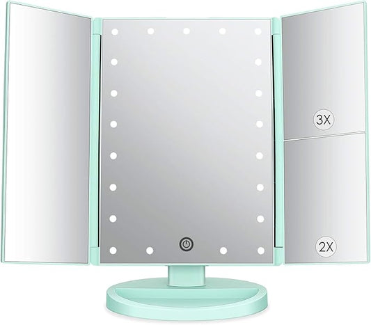deweisn Tri-Fold Lighted Vanity Mirror with 21 LED Lights, Touch Screen and 3X/2X/1X Magnification, Two Power Supply Mode Make up Mirror,Travel Mirror (Green)