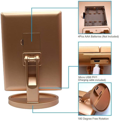deweisn Floor Mount Tri-Fold Lighted Vanity Mirror with 21 LED Lights, Touch Screen and 3X/2X/1X Magnification, Two Power Supply Modes Make Up Mirror,Travel Mirror