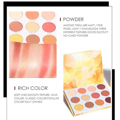 Glitter Matte Orange Yellow Eyeshadow Palette, 12 Colors Shimmer High Pigmented Eyeshadow Makeup Palette Lasting Waterproof Brown Eyeshadow Palette for Girl Women