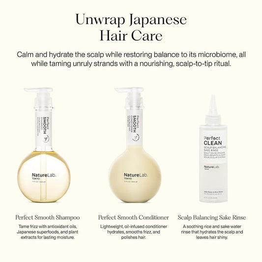 NATURELAB. TOKYO Frizz-Free Hydration Limited Edition Set: Includes Smooth Shampoo, Conditioner & Scalp Sake Rinse – Hydrates & Tames Frizz, Balances Scalp Microbiome, Includes Furoshiki Wrap