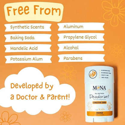 MONA 100% Natural Deodorant for Kids | Safe For Girls & Boys with Sensitive Skin | Baking Soda Free, Aluminum Free | Vegan, Non-GMO, Gluten and Cruelty free (2-PK ORANGE 1.76 Oz each)