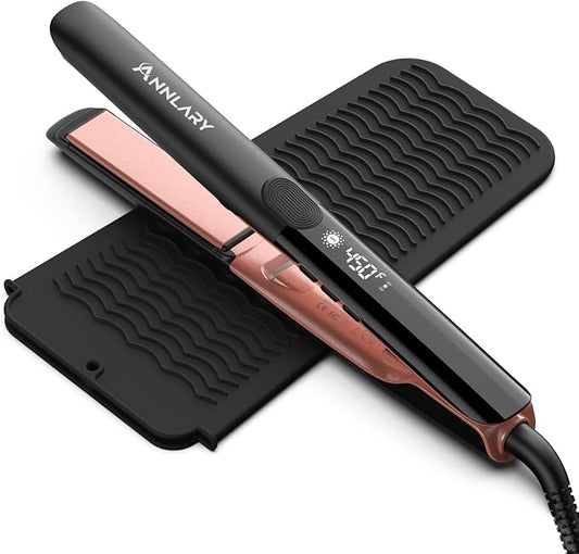 Hair Straightener with Resistant Silicone Mat Pouch, 1 Inch Professional Titanium Plate with Ceramic Coating Ionic Dual Voltage Flat Iron with Anti-Iron Silicone for Smoother Hair