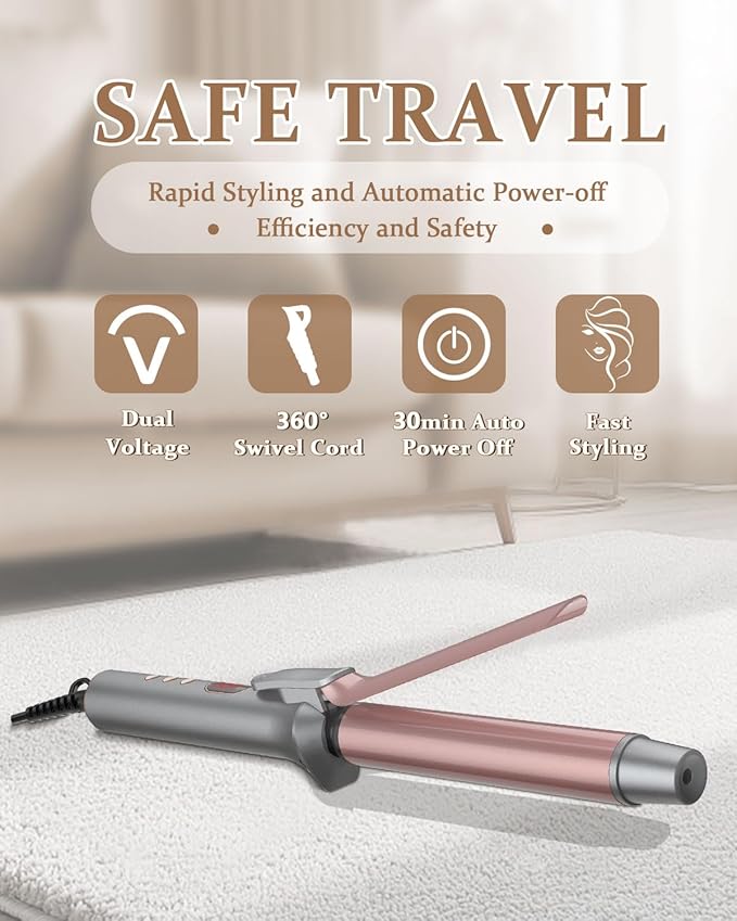 YEEGOR 1 Inch Curling Iron,Extra Long Barrel Ceramic Curling Iron for Long Hair Get Bouncy Curls,Dual Voltage Hair Curler for Travel,Rose Gold