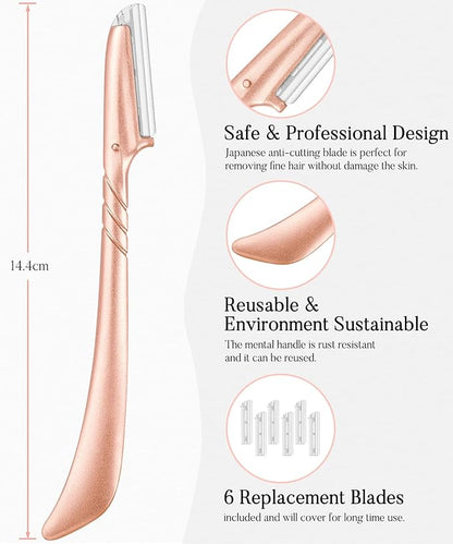 ennva Eyebrow Razor for Women-Eyebrow Trimmer Dermaplaning Tool-Ergonomic Eyebrow Shaper & Facial Razor for Peach Fuzz-Exfoliating Face Razor for Eyebrows-Eye Brow Shaver Razors w/7 Blades- Rose Gold