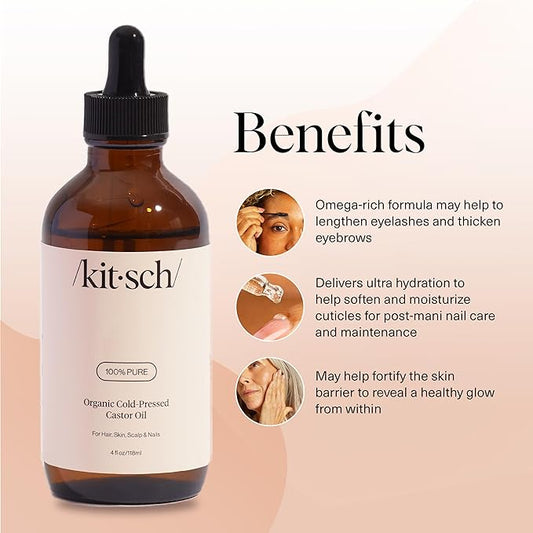 Kitsch Organic Castor Oil For Hair Growth, Castor Oil Organic Cold Pressed Unrefined Glass Bottle, 100% Pure, For Face, Skin, Lashes, Brows, Scalp, Nails & Belly Button, Hexane Free, USDA - 4oz