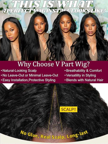 Beauty Forever V Part Wig Human Hair Yaki Straight EasiContour Vpart Wigs No Leave Out Glueless Upgraded Kinky U Part Wigs for Women Beginner Friendly Natural Color 180% Density 20inch