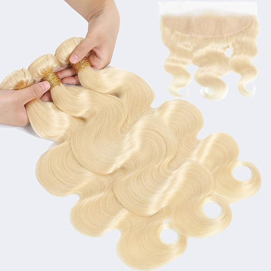 613 Blonde Bundles Human Hair 16A Body Wave Bundles with Frontal Closure (16 18 20+14) Brazilian Virgin Unprocessed Human Hair with 13x4 HD Lace Frontal Quick Weave Sew in Hair Extensions for Women