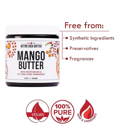 Raw Mango Butter - 100% Pure Mango Seed Butter - Natural Moisturizer for Skin and Hair - Use with Shea in DIY Body Butter, Lip Gloss, Lotion Bar and Soap Making, 8 oz Jar