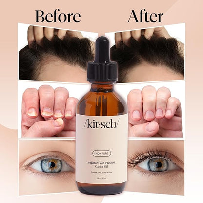 Kitsch Organic Castor Oil For Hair Growth, Castor Oil Organic Cold Pressed Unrefined Glass Bottle, 100% Pure, For Face, Skin, Lashes, Brows, Scalp, Nails & Belly Button, Hexane Free, USDA - 2oz
