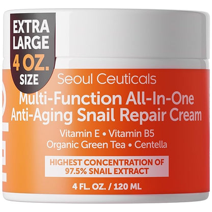 SeoulCeuticals Large 4oz 97.5% Snail Mucin Moisturizer Cream Korean Skin Care - K Beauty Skincare Day & Night Snail Repair Cream Filtrate Cruelty Free