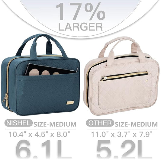 NISHEL Travel Toiletry Bag for women, Portable Hanging Organizer for Travel-Sized Shampoo, Conditioner, Brushes Set, Makeup Accessories, Medium Size, Lake-Blue