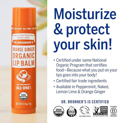 Dr. Bronner’s Organic Lip Balm 6-Pack (.15oz) Natural, Moisturizing, Petroleum-Free Lip Balm with Beeswax & Avocado Oil for Dry Lips, Men & Women - Orange Ginger