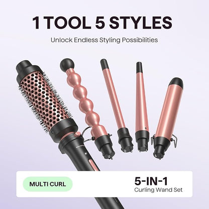 Wavytalk 5 in 1 Curling Wand Set, Multi Curl, Curling Wand Set with Curling Brush and 4 Interchangeable Ceramic Curling Wand(0.5”-1.25”), Instant Heat Up Wand Curling Iron (Rose Gold)