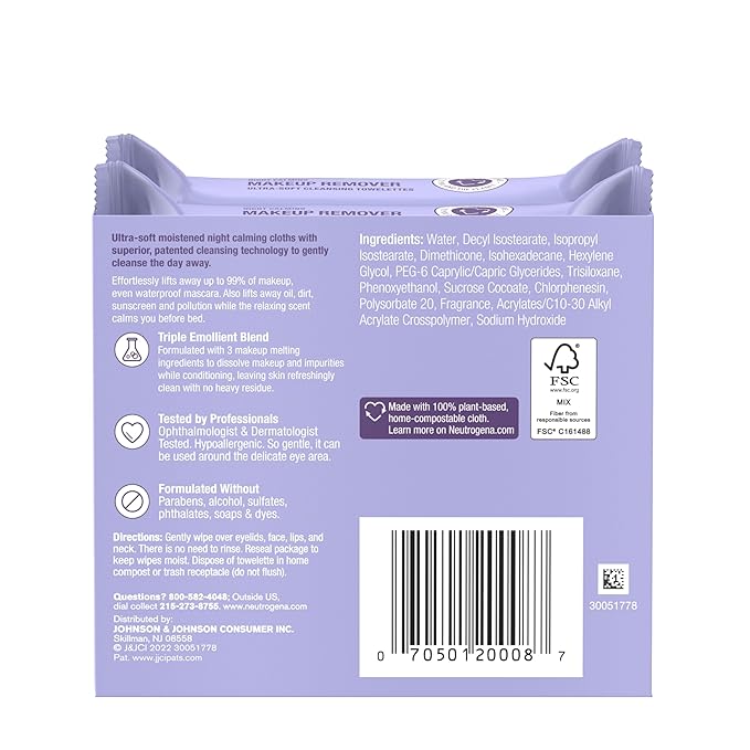 Neutrogena Night Calming Makeup Remover Face Wipes, Nighttime Cleansing Towelettes Remove Sweat, Dirt & Makeup & Calms Skin, Hypoallergenic, 100% Plant Based Cloth, Twin Pack, 2 x 25 ct