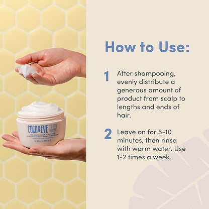 Coco & Eve Pro Youth Hair & Scalp Mask. Anti-aging, strength, shine, volume. Regulate dandruff. With honey, retinol for youthful hydrated hair.