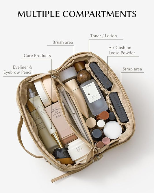 EACHY Travel Makeup Bag,Large Capacity Cosmetic Bags for Women,Waterproof Portable Pouch Open Flat Toiletry Bag Make up Organizer with Divider and Handle