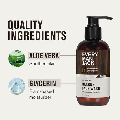 Every Man Jack Unscented Beard + Face Wash - Fragrance Free for Sensitive Skin - Naturally Cleanse and Condition Your Beard and Skin - 6.7-ounce (2 pack)