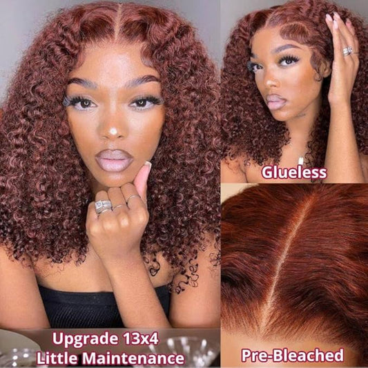 Beauty Forever Pre-Everything Glueless Frontal Wig 13x4 Reddish Brown Curly Pre Cut Lace Front Wigs Bye Bye Knots Put on and Go HD Lace Human Hair Wig Pre-Bleached Knots 150% Density 18 Inch