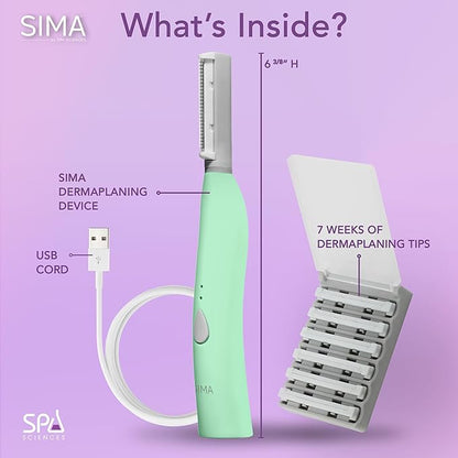 SPA SCIENCES - SIMA Patented Dermaplane Razor for Women Face – Painless 2-in-1 Facial Exfoliation & Peach Fuzz Hair Removal – Anti-Aging – 3 Speeds – Rechargeable – 7 Weeks Treatment