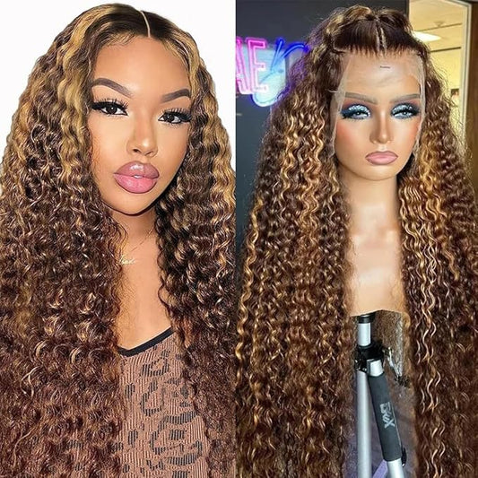 CHEETAHBEAUTY #4/27 Ombre Highlight Deep Wave 13X6 HD Transparent Lace Front Wigs Brazilian Deep Curly Human Hair Wigs for Black Women Pre Plucked with Baby Hair 250% Density(22inch)