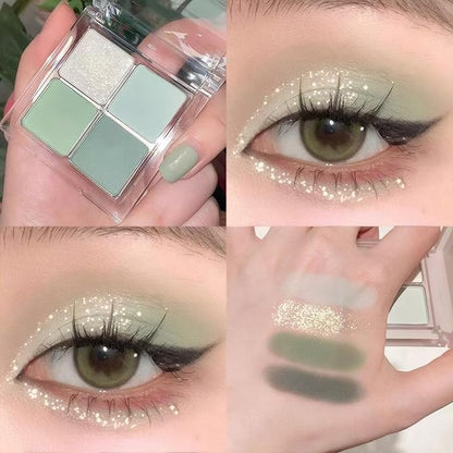 Matte Light Green Glitter Eye Shadow Makeup Palette 4 Colors, Highly Pigmented Mint And Seafoam Green Waterproof Eyeshadow Palette For Woman