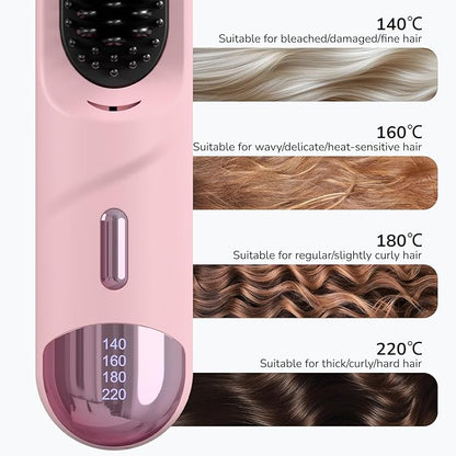 Cordless Hair Straightener Brush 300 Million Negative Ionic Portable Hair Straightener Comb for Women with 4 Temps Fast Heating MCH Ceramic Coating Smooth Frizz - Free Hair Pink