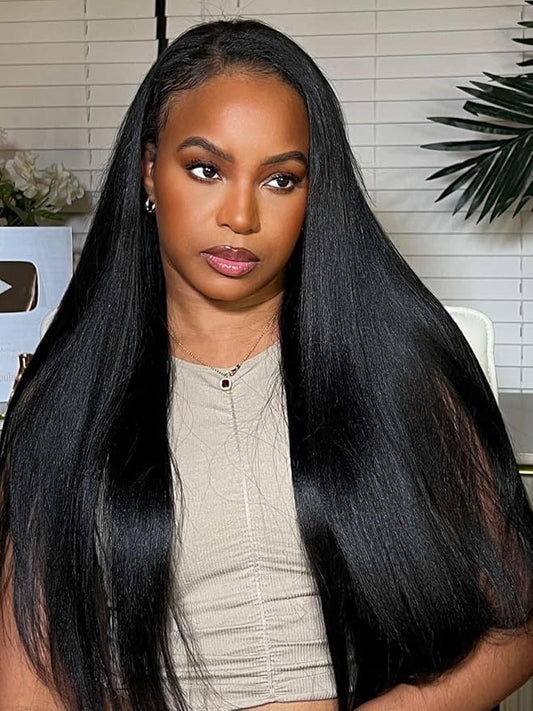 Beauty Forever V Part Wig Human Hair Yaki Straight EasiContour Vpart Wigs No Leave Out Glueless Upgraded Kinky U Part Wigs for Women Beginner Friendly Natural Color 180% Density 14inch
