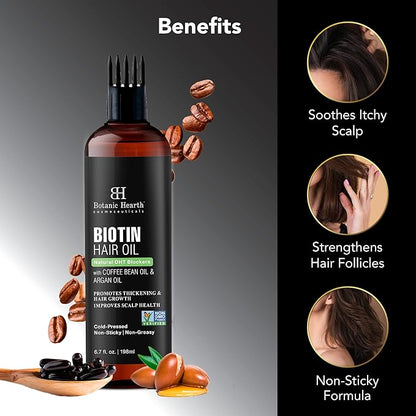 Botanic Hearth Biotin Hair Oil For Hair Growth (6.7 fl oz) | Infused With Coffee Bean Oil & Argan Oil | Hair Strenghtening Treatment | Nourishing & Volumizing | Non GMO Verified