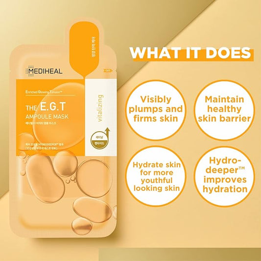 Mediheal Official Best No.1 Korean Sheet Mask - EGT Ampoule Face Mask 10 Sheets For Intensely Nourishing Firming Moisturizing with Retinal, Peptides, Collagen For All Skin Types Value Sets