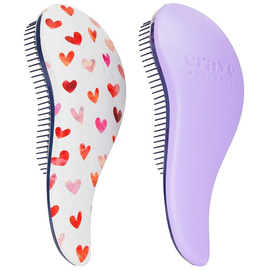 Crave Naturals Glide Thru Detangling Hair Brush for Adults and Kids - Detangler Hairbrush for Curly or Straight, Wet or Dry Hair - Gentle on Tangles Comb - Purple and Pink Hearts (Pack of 2)
