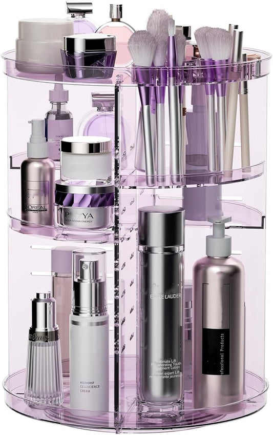 Rotating Makeup Organizer for Vanity, DIY Adjustable Tray Spinning Skincare Organizers Countertop, Cosmetic Display Case with Perfume Tray Brush Holder, Bathroom Desk Corner Storage Carousel Rack