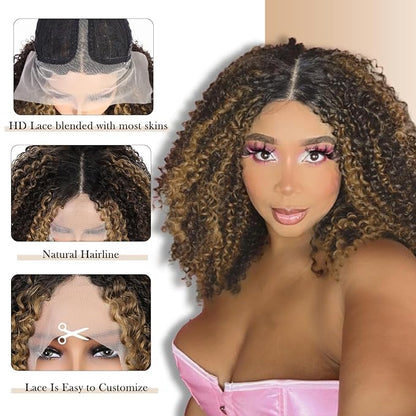 Quick Wig Curly Lace Front Wigs Short Kinky Curly Wig 13×4×1 HD Glueless Lace Curly Wig Highlight Synthetic Lace Wigs for Women Deep Wave Wig (4/27#)