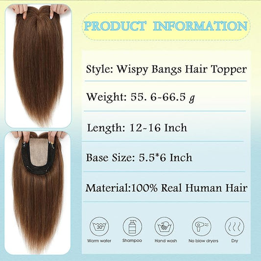 Hair Toppers for Women Real Human Hair, 360° 3D Toppers Pieces for Women with Thinning Crown Wispy Bangs 16 Inch Upgrade Big Basement (Light Brown, 16 Inch Wispy Bangs)