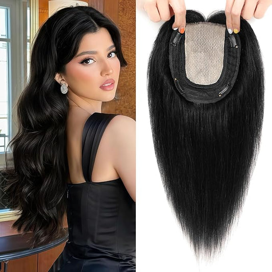 Hair Toppers for Women Real Human Hair, 360° 3D Toppers Pieces for Women with Thinning Crown Side Bangs 14 Inch Upgrade Big Basement (Black, 14 Inch Side Bangs)