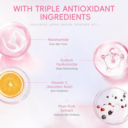 Sakura Skin Care Sets, Skin Care for Teens 10-12, Beauty Skincare Gifts Sets, Skin Care Routine Kit for Women, Hydrate, Oil Control, Glow Up, Travel Size -7 PCS