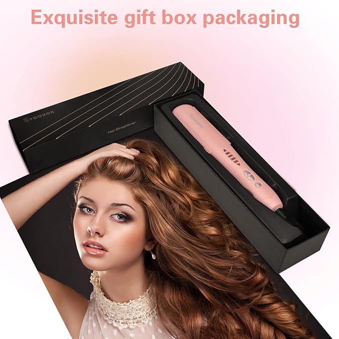 Hair Straightener Comb - Ceramic Hot Comb Hair Straightener Electric Straightening Comb for Black Hair 6 Temperature Settings, 20 Mins Auto-Off Safe & Salon Styling (Pink)