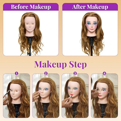 Neverland Beauty Mannequin Head with 80% Real Human Hair with Tripod Stand, 26 Inch Makeup Hairdressing Training Head Braiding Mannequin Head Manikin Styling Head Cosmetology Practice Doll Head