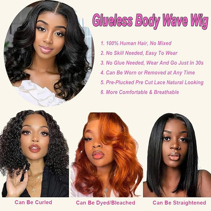Glueless Bob Wigs Human Hair 180% Density Wear and Go Glueless Wigs Pre Plucked Pre Cut 4x4 Closure Wigs Body Wave Human Hair Wig 10 Inch