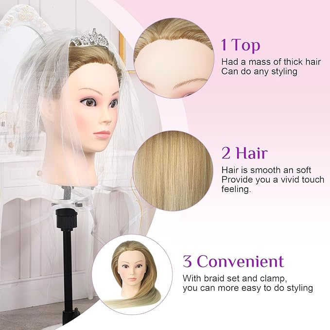 Neverland Beauty Mannequin Head with Hair and Wig Stand Tripod Set, 26 Inch Ombre Golden Mannequin Head with Stand Hair Braiding Cosmetology Manikin Head with Tripod For Braiding Styling