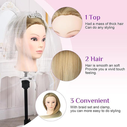 Neverland Beauty Mannequin Head with Hair and Wig Stand Tripod Set, 26 Inch Ombre Golden Mannequin Head with Stand Hair Braiding Cosmetology Manikin Head with Tripod For Braiding Styling