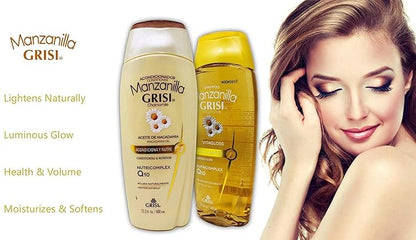 Manzanilla Grisi Premium Bathroom Bundle - Styling Gel, Gold Lightener and Detangler, and a Chamomile Conditioner + Shampoo Set