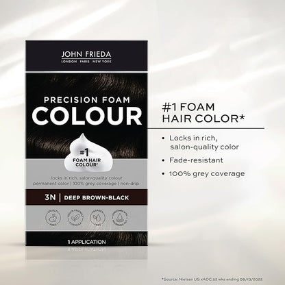 John Frieda Precision Foam Colour, Deep Brown Black 3N, Full-coverage Hair Color Kit, Anti-Fade Gray Coverage, Deep Color Saturation Hair Dye, 1 Application