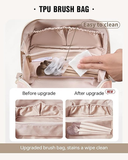 EACHY Travel Makeup Bag,Large Capacity Cosmetic Bags for Women,Waterproof Portable Pouch Open Flat Toiletry Bag Make up Organizer with Divider and Handle