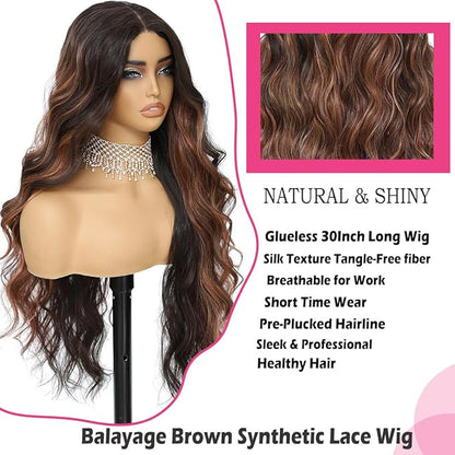 Balayage Brown 4x1 Pre Cut Lace Synthetic Lace Front Wig with Baby Hair Heat Friendly Body Wave Ombre Wig for Women 30 Inch Glueless Ready to Wear Synthetic Hair