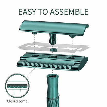 Bambaw Double Edge Close Comb Safety Razor with Stand, Shaving Razor for Men with 5 Safety Razor Blades, Reusable Eco Freindly DE Metal Razor – Sea Green